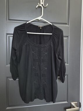 Cupio Black Long Sleeve Scoop Neck Top with Front Embellishment